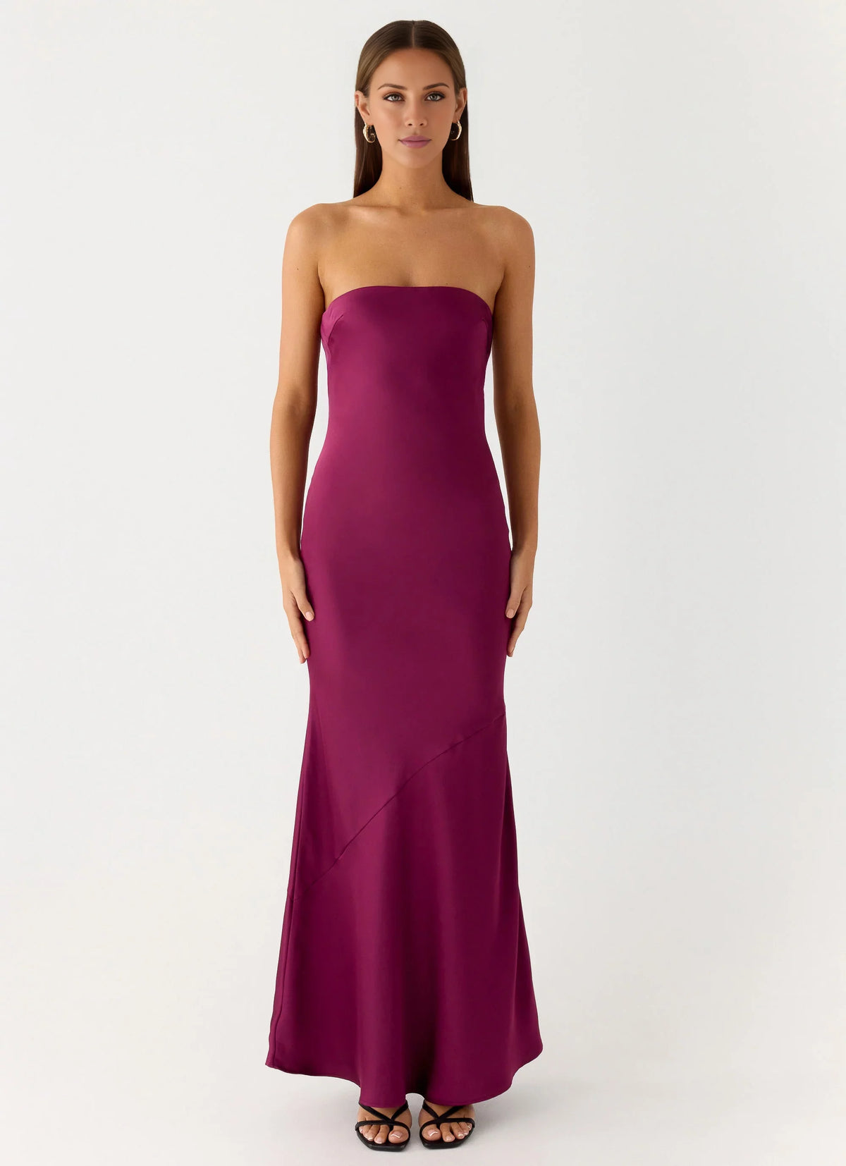 Burgundy Satin Straight Neck Sheath/column Floor-Length Dress