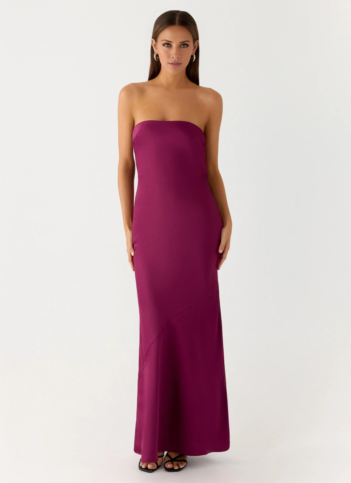 Burgundy Satin Straight Neck Sheath/column Floor-Length Dress