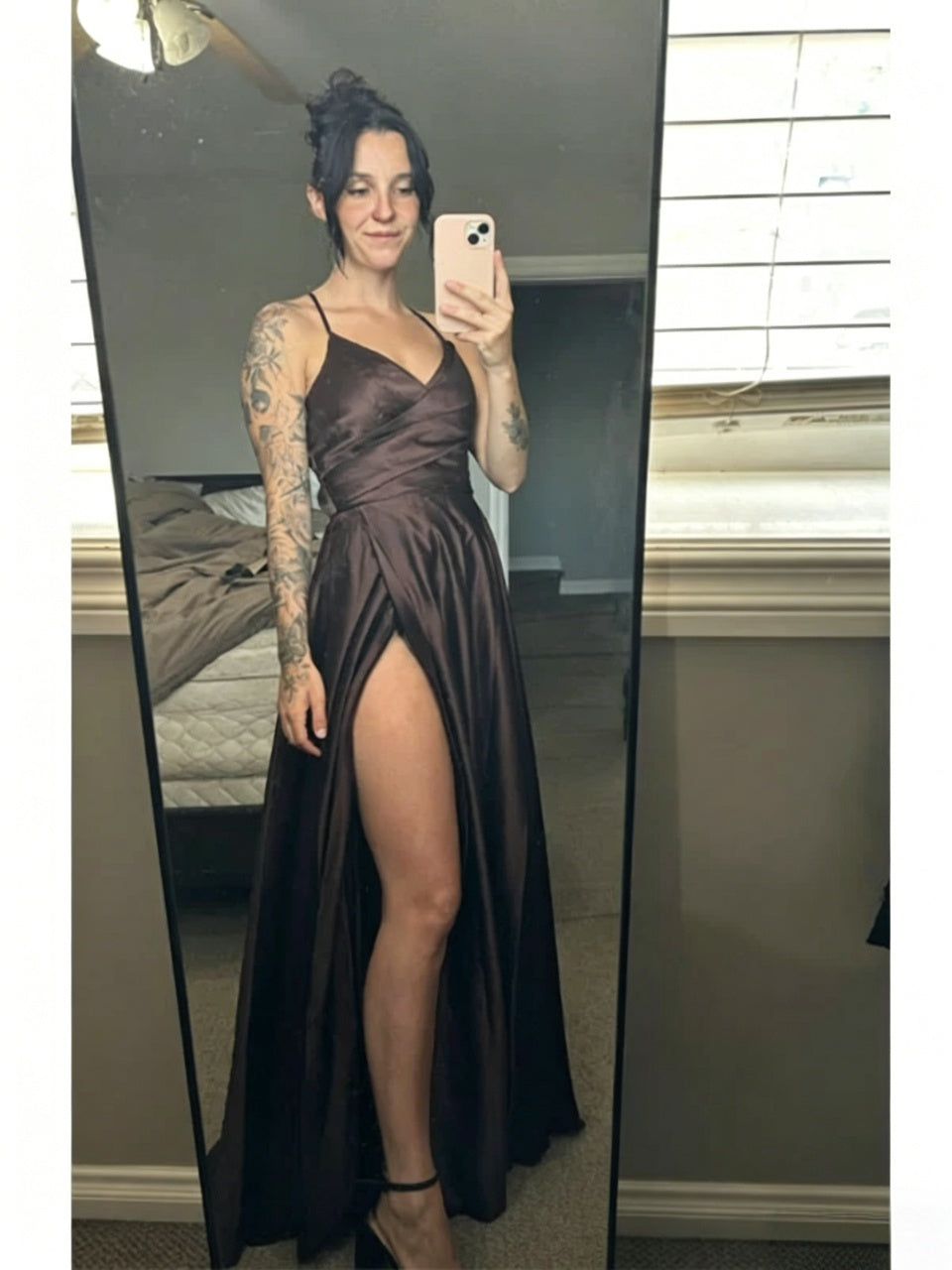 Satin A-Line Spaghetti Strap Lace-Up Back High Slit Floor-Length Evening Dresses
