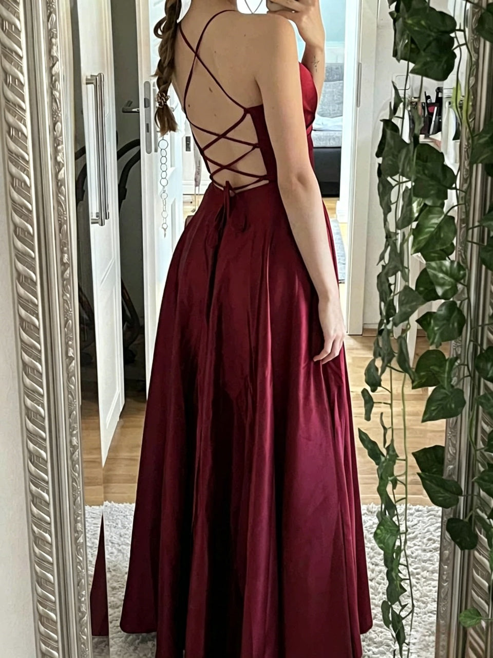 Satin A-Line Spaghetti Strap Lace-Up Back High Slit Floor-Length Evening Dresses