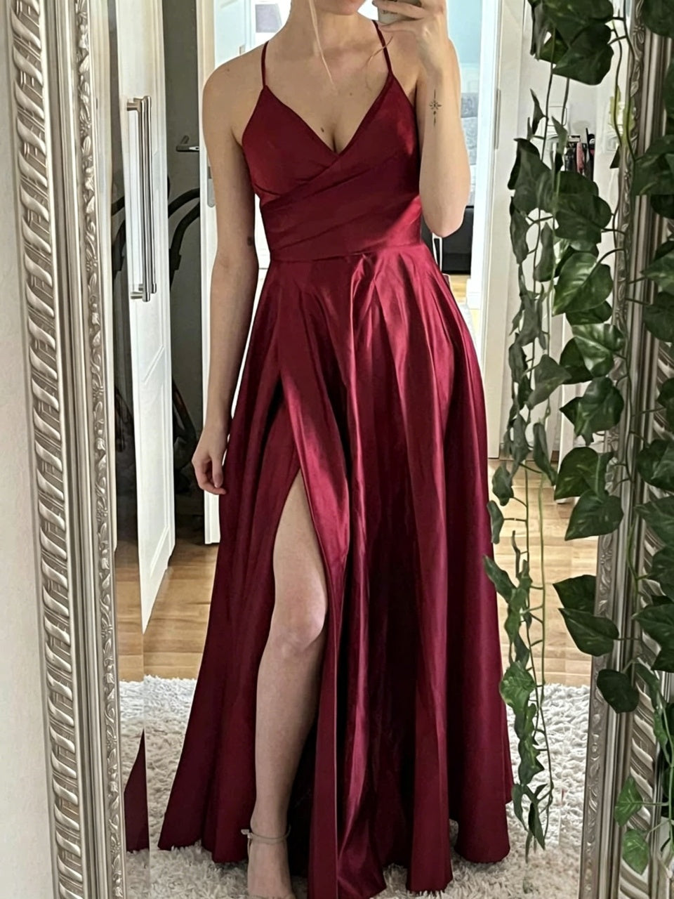 Satin A-Line Spaghetti Strap Lace-Up Back High Slit Floor-Length Evening Dresses