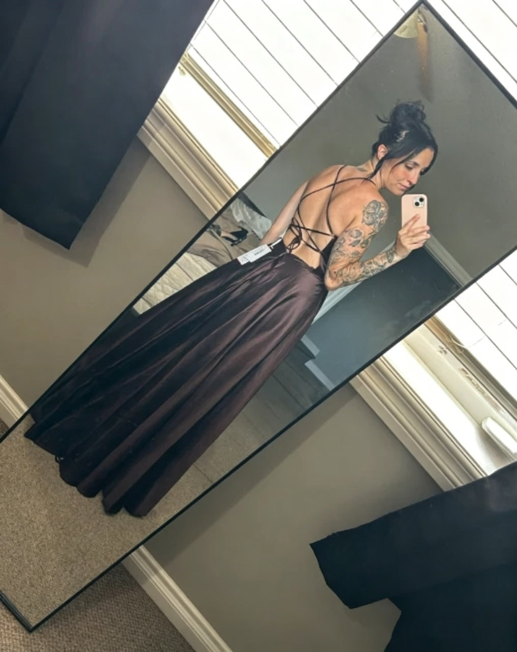 Satin A-Line Spaghetti Strap Lace-Up Back High Slit Floor-Length Evening Dresses