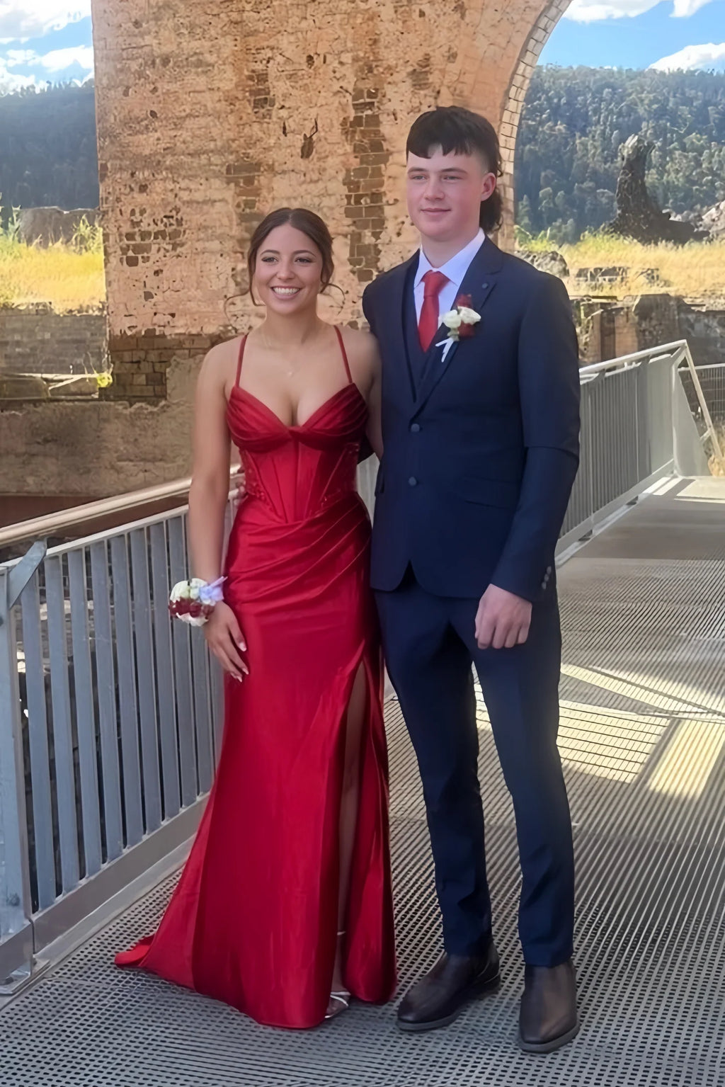 Red Satin Sweetheart Sheath/column Floor-Length Evening Gown with High Slit for Prom & Formal Events