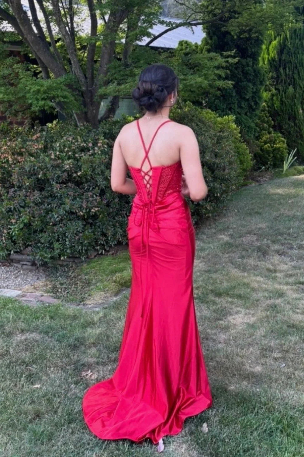 Red Satin Sweetheart Sheath/column Floor-Length Evening Gown with High Slit for Prom & Formal Events