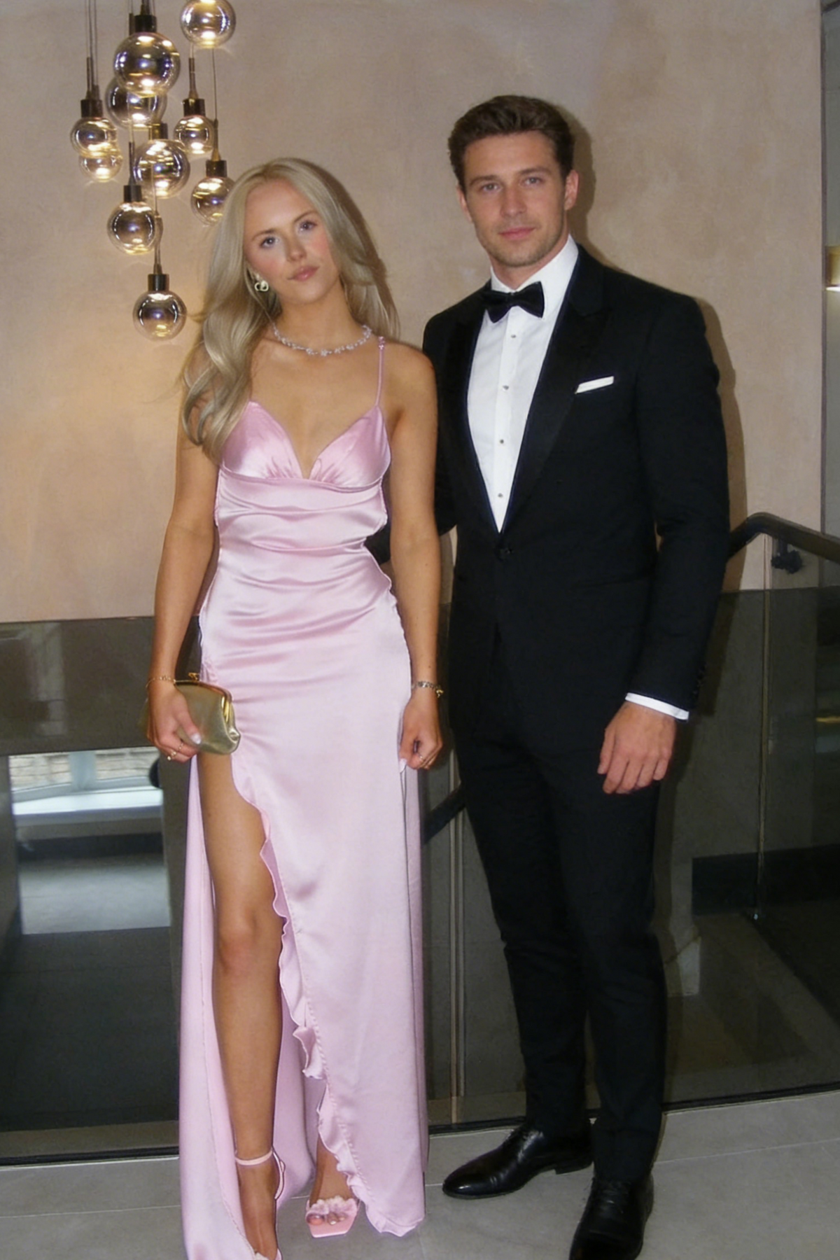 Blushing Pink Satin Sheath/column Floor-Length Evening Dress with Cowl Neck and High Slit Ruffle