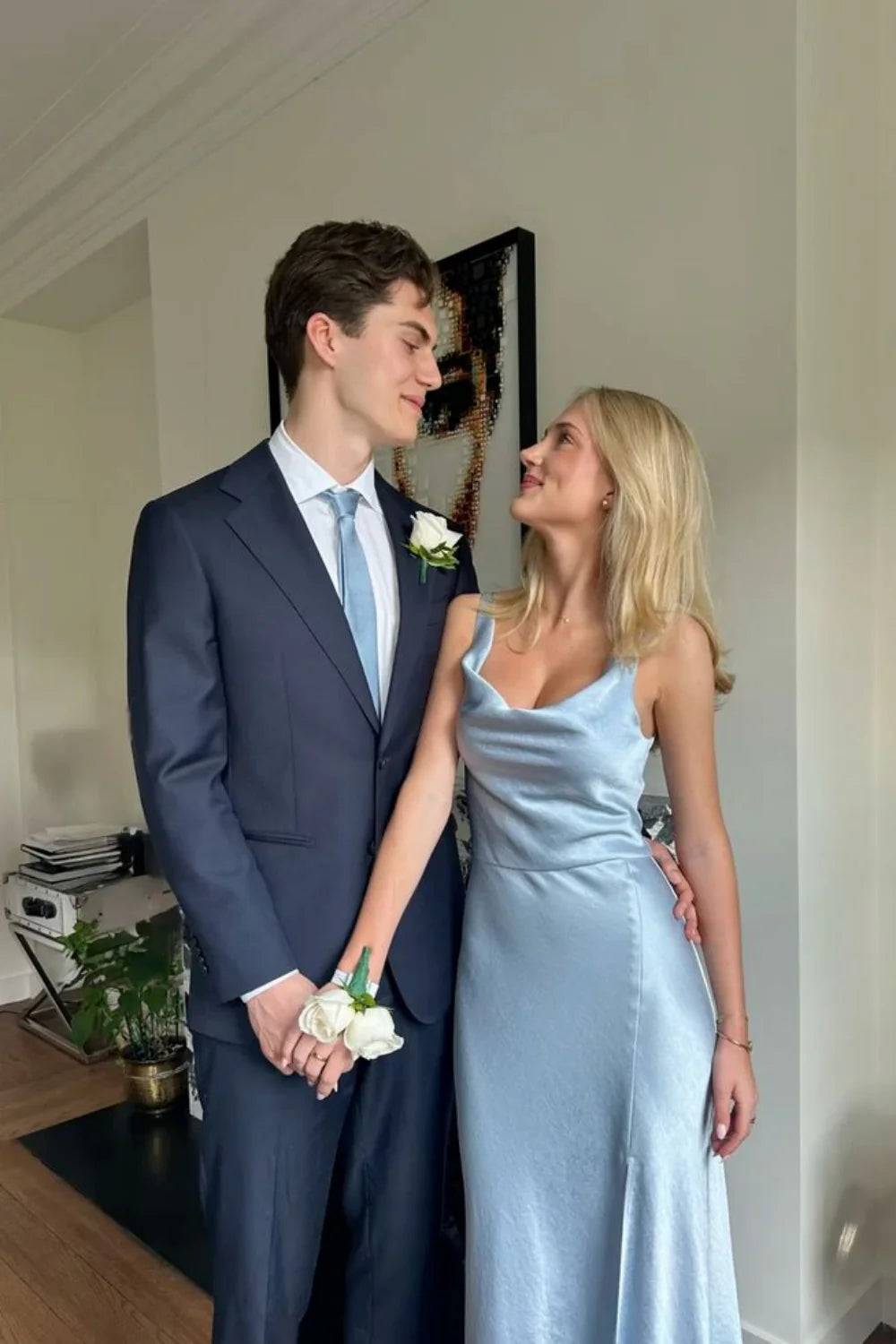 Sky Blue Satin A-Line Cowl Neck Floor-Length Bridesmaid Dress with Side Slit