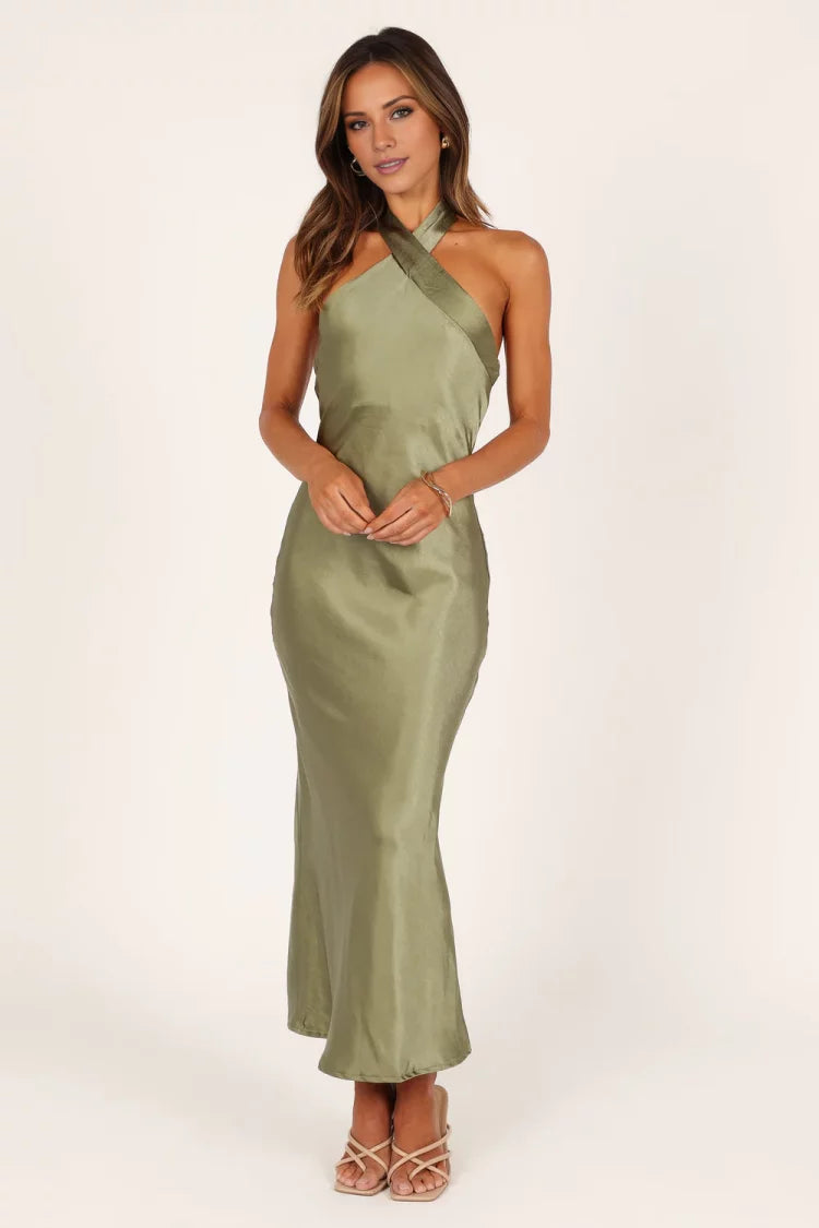 Satin Cross Halter-Neck Tie-Back Sheath Midi-Length Evening Dress