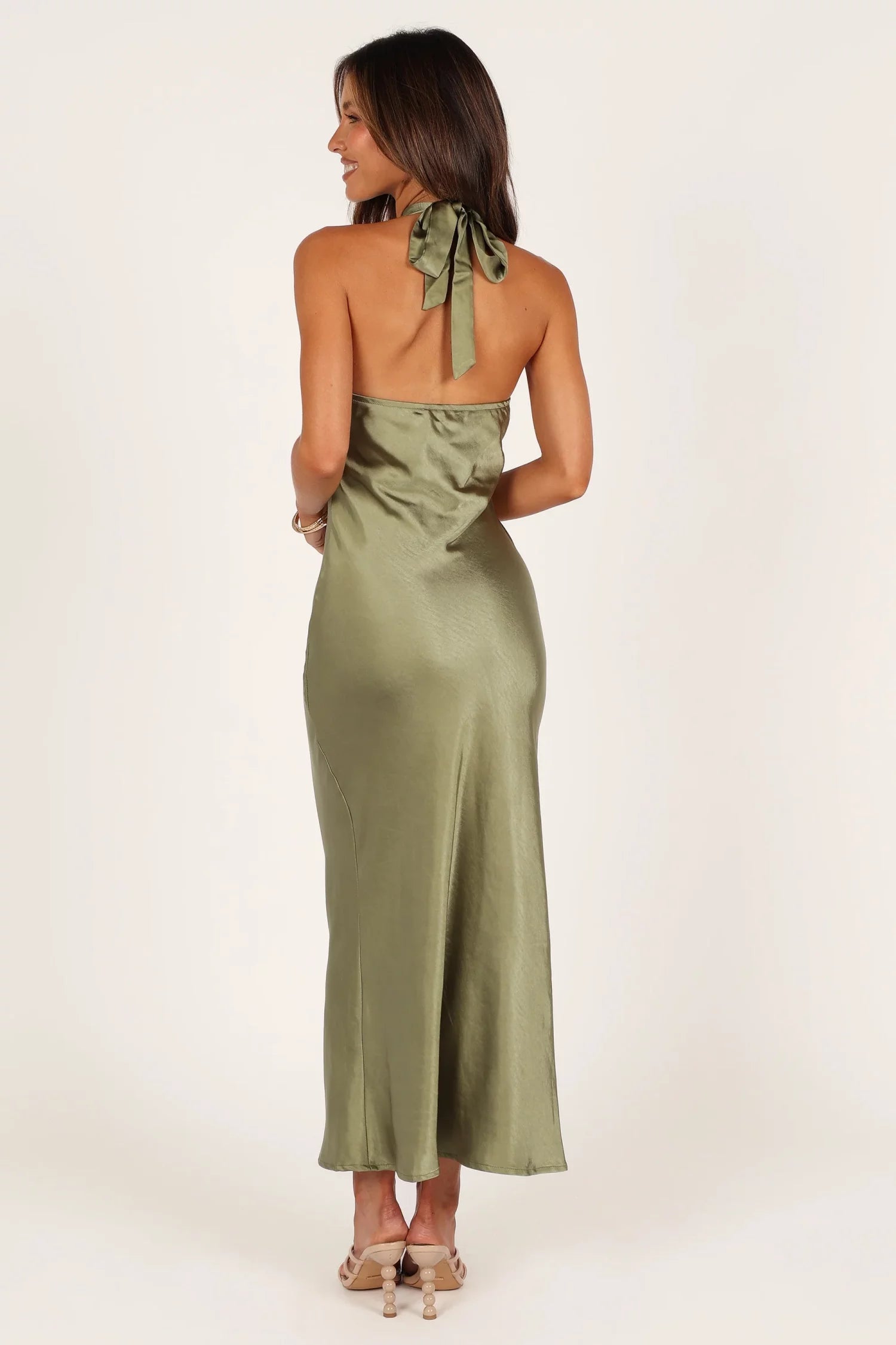 Satin Cross Halter-Neck Tie-Back Sheath Midi-Length Evening Dress