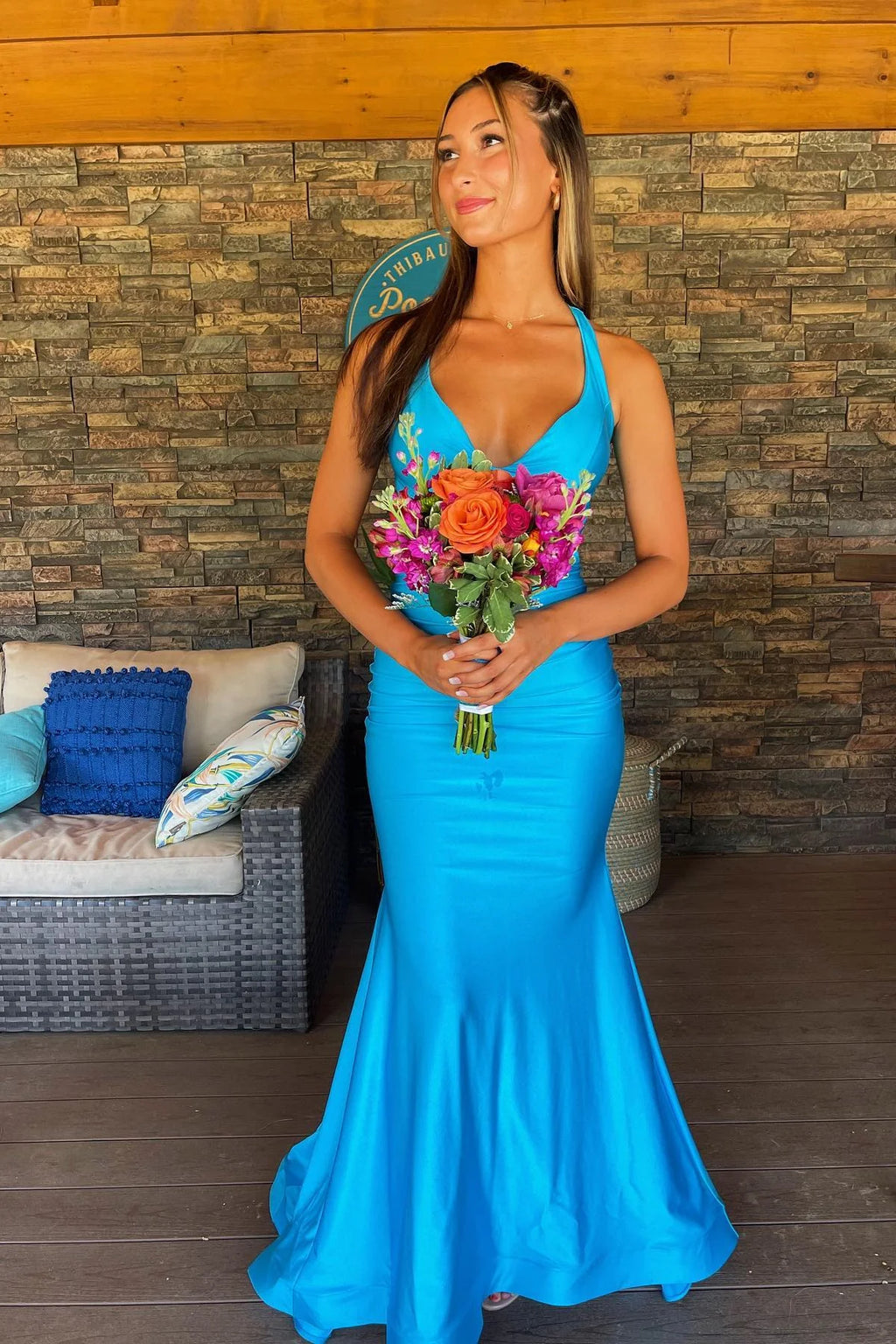 Blue Satin Mermaid Floor-Length Dress with Side Cut-Outs