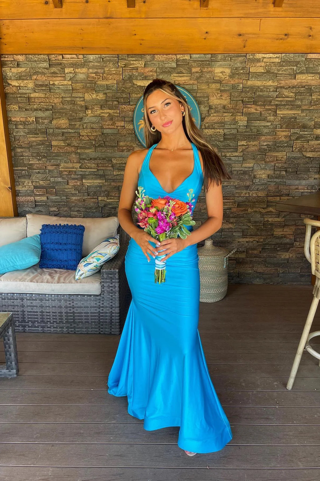Blue Satin Mermaid Floor-Length Dress with Side Cut-Outs