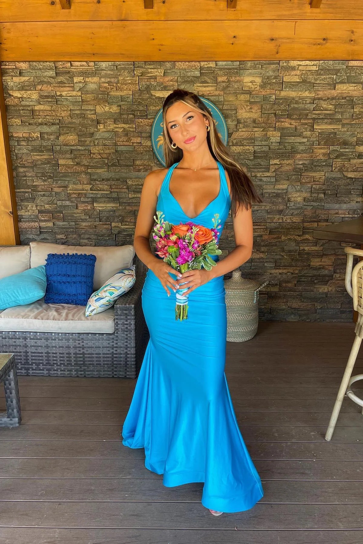 Blue Satin Mermaid Floor-Length Dress with Side Cut-Outs