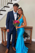 Blue Satin Mermaid Floor-Length Dress with Side Cut-Outs