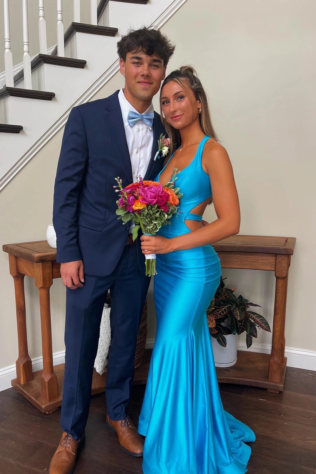 Blue Satin Mermaid Floor-Length Dress with Side Cut-Outs