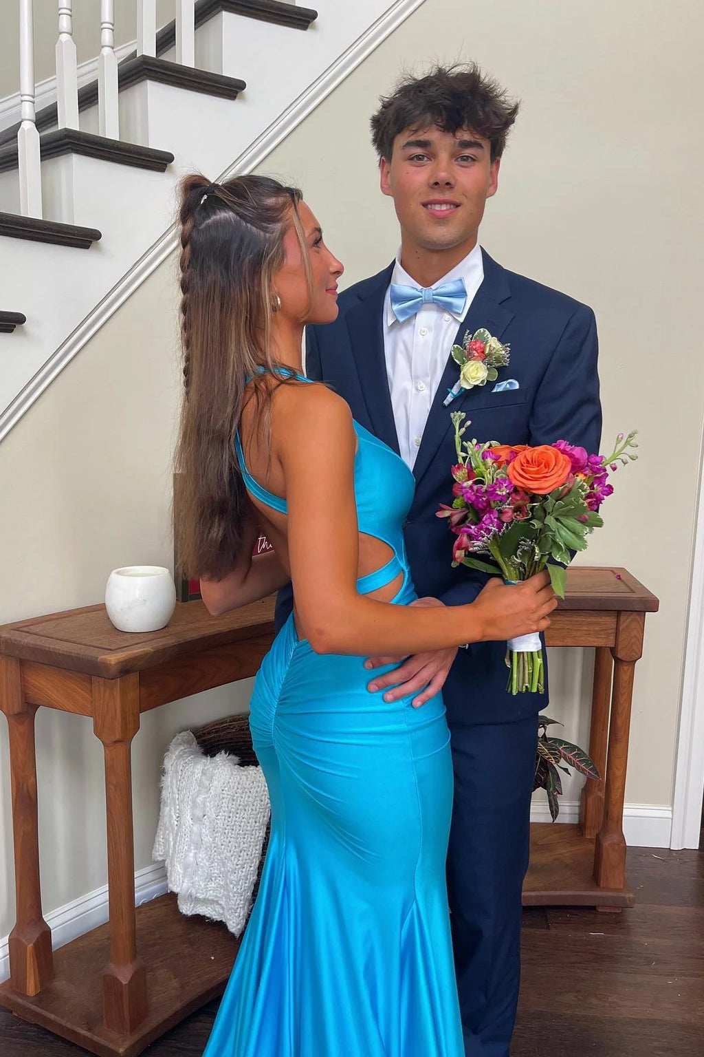 Blue Satin Mermaid Floor-Length Dress with Side Cut-Outs