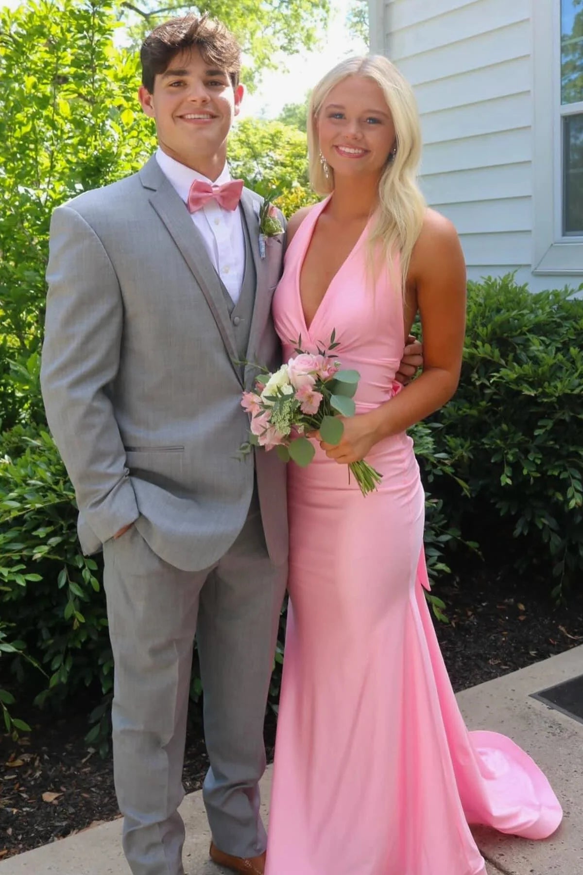 Satin Halter-Neck Deep V-Neck Open-Back Mermaid Train Prom Dress