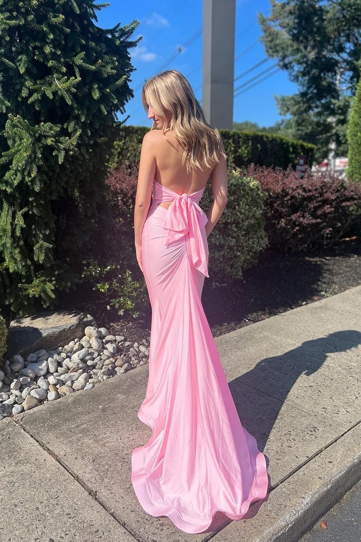 Satin Halter-Neck Deep V-Neck Open-Back Mermaid Train Prom Dress