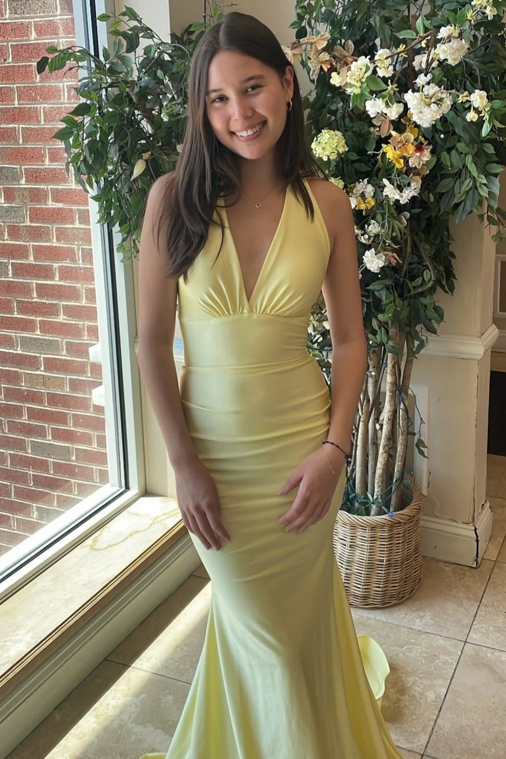 Satin Halter-Neck Deep V-Neck Open-Back Mermaid Train Prom Dress