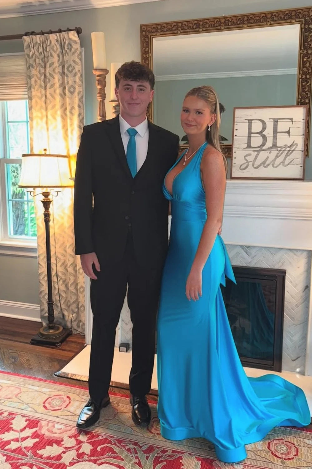 Satin Halter-Neck Deep V-Neck Open-Back Mermaid Train Prom Dress