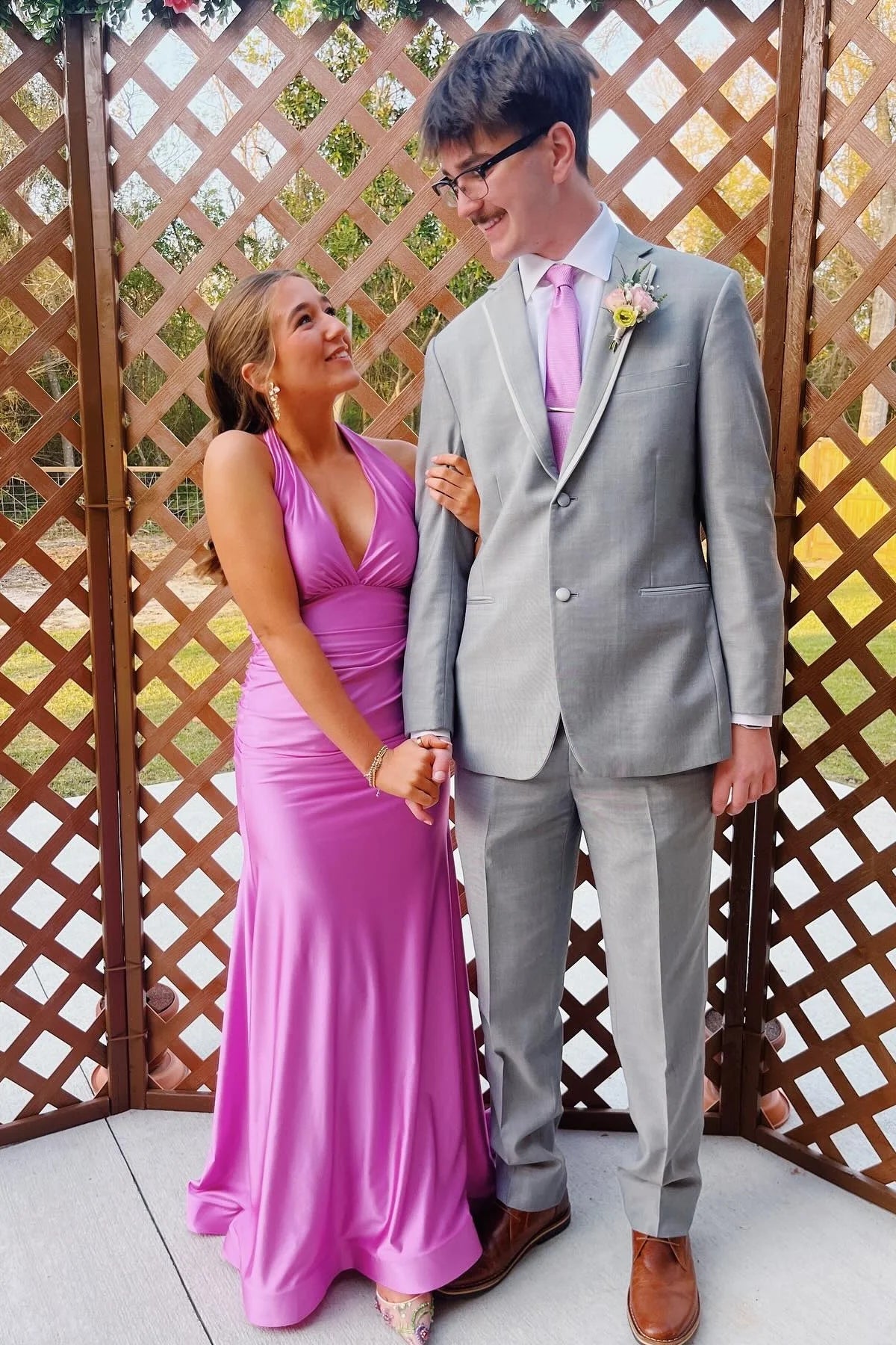 Satin Halter-Neck Deep V-Neck Open-Back Mermaid Train Prom Dress