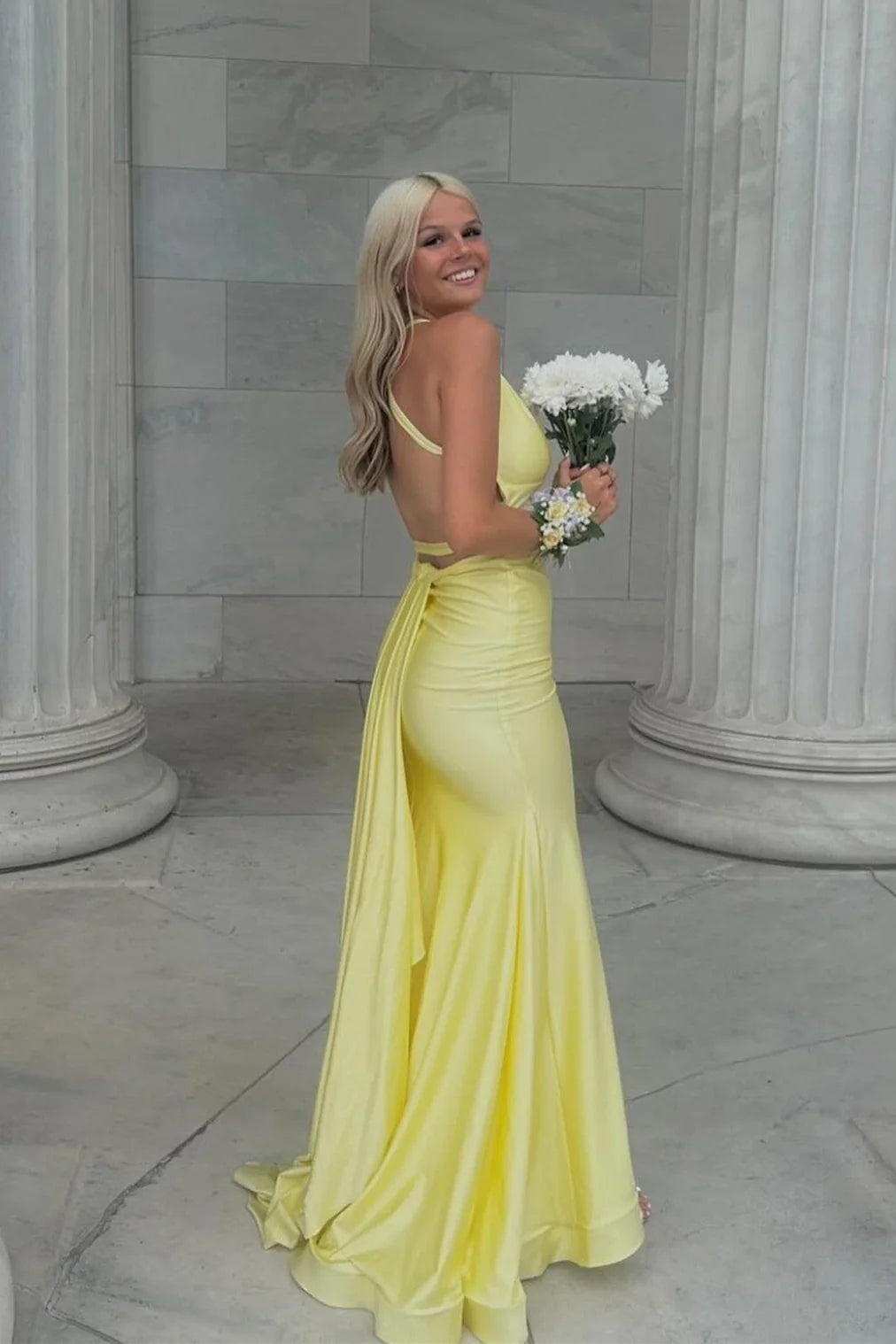 Lemon Satin Mermaid Floor-Length Dress with V-Neck and Backless Design