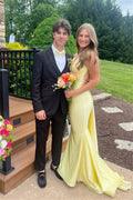 Lemon Satin Mermaid Floor-Length Dress with V-Neck and Backless Design