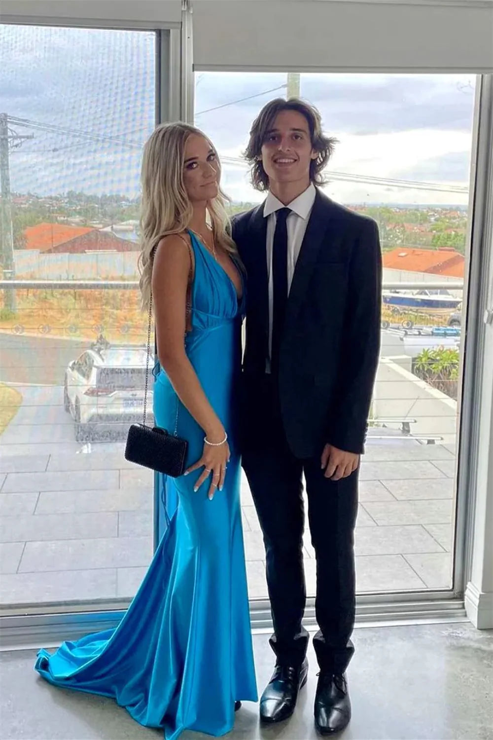 Blue Satin Mermaid V-Neck Floor-Length Gown