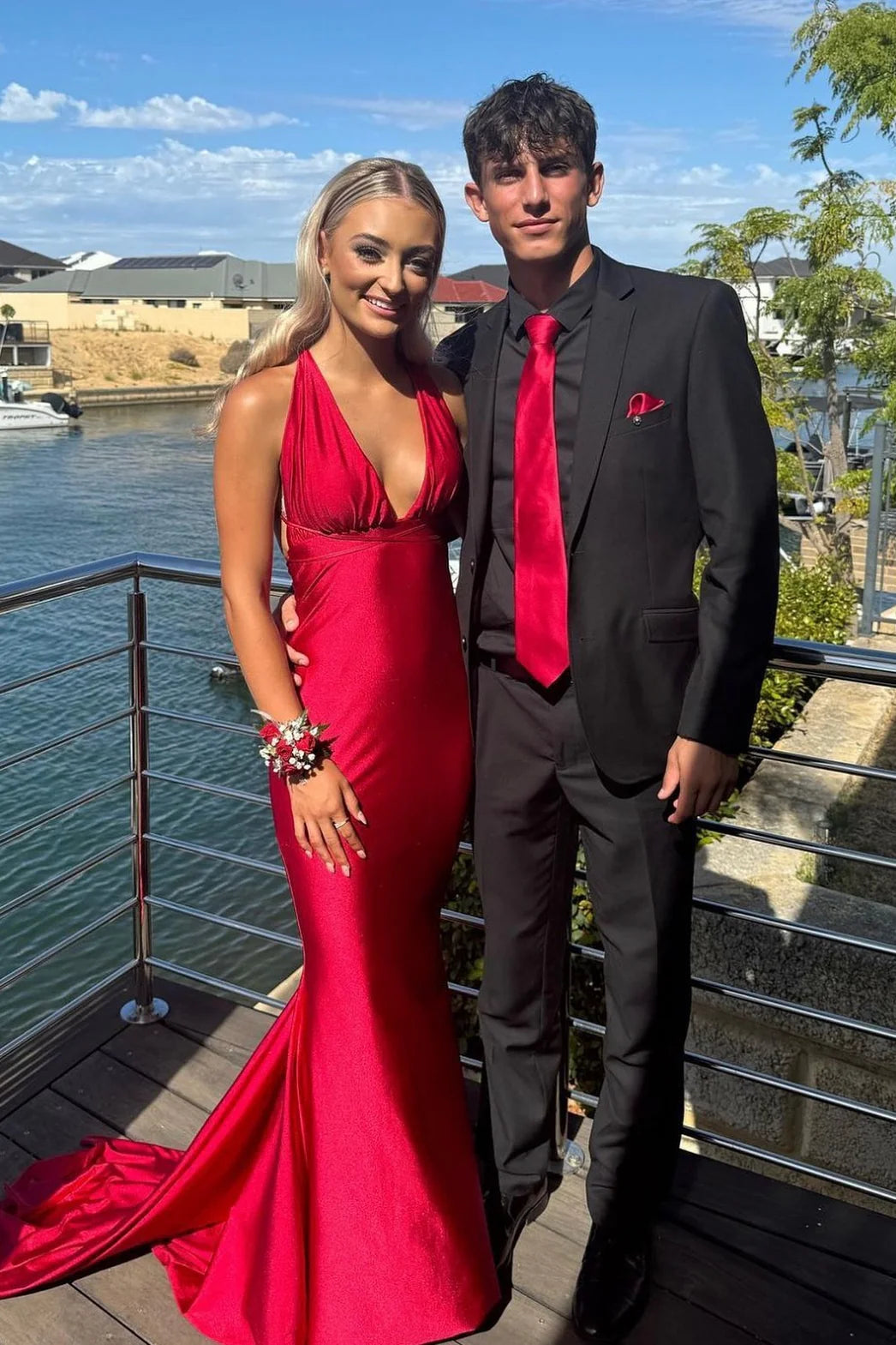 Satin Halter Deep V-Neck Open-Back Ruched Side Mermaid Train Prom Dress