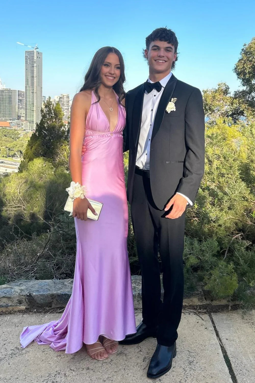 Satin Halter Deep V-Neck Open-Back Ruched Side Mermaid Train Prom Dress