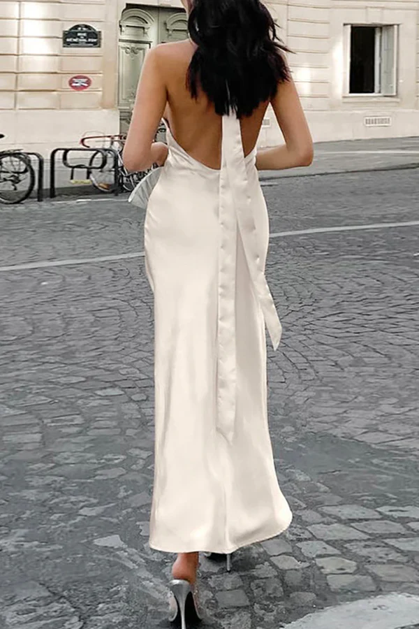 Satin Halter Neck Keyhole Open Back Midi Slit Evening Dress