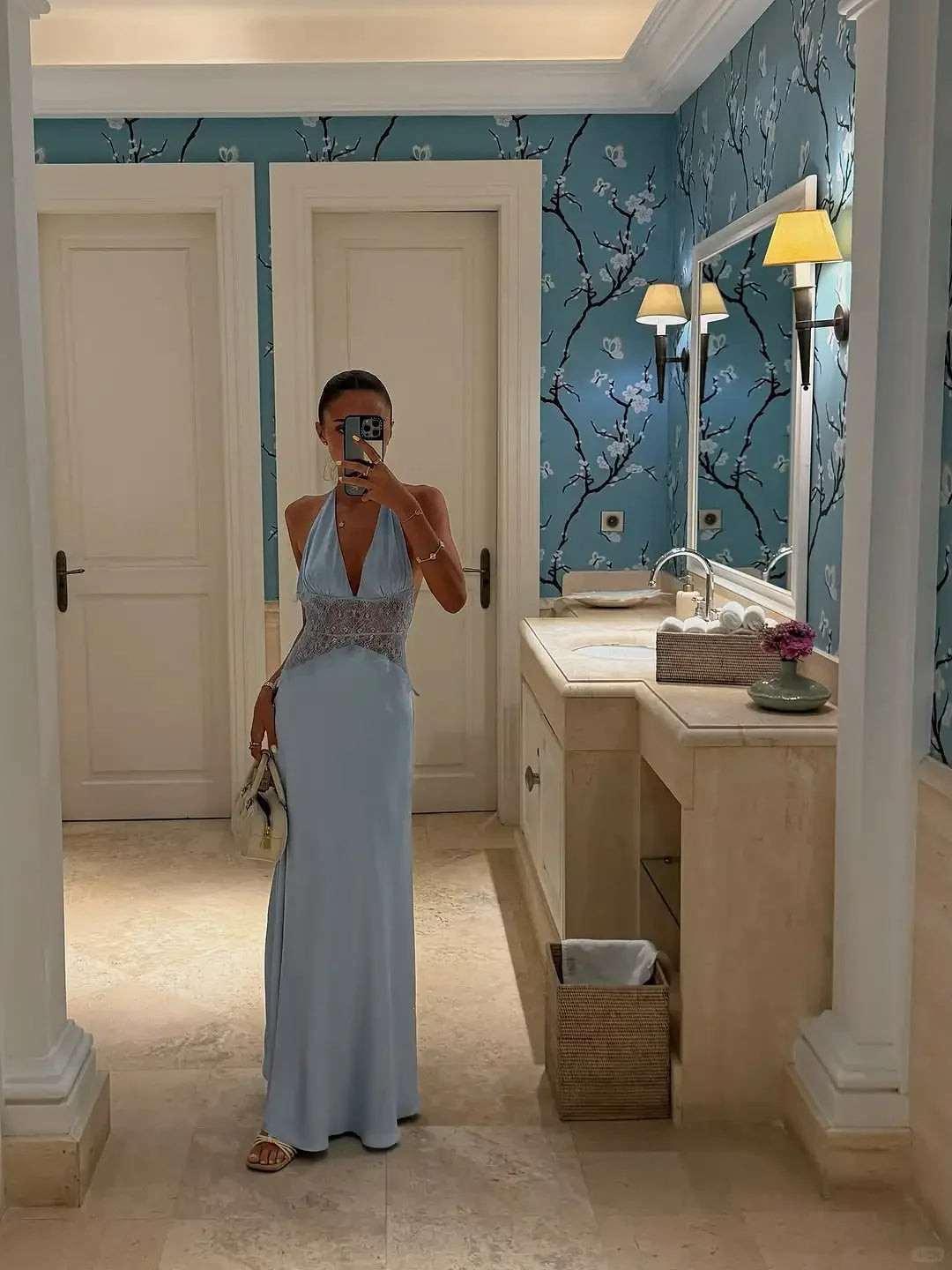 Dusty Blue Satin Sheath Halter Floor-Length Dress with Lace Bodice & Side Slit