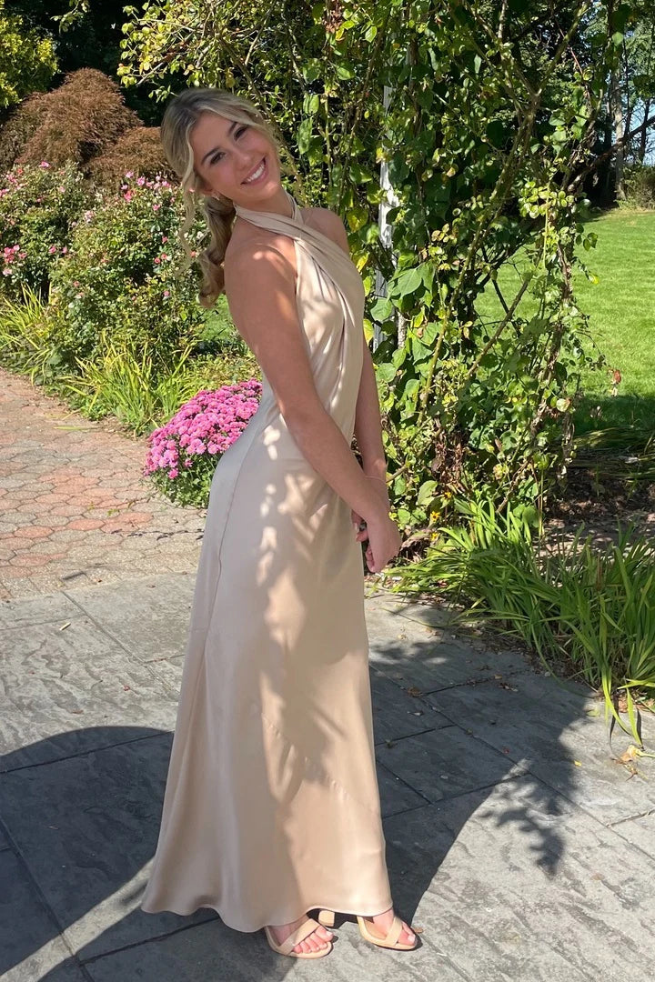 Satin Halter Prom Dress with Twist Front, Open Back & Floor-Length Silhouette