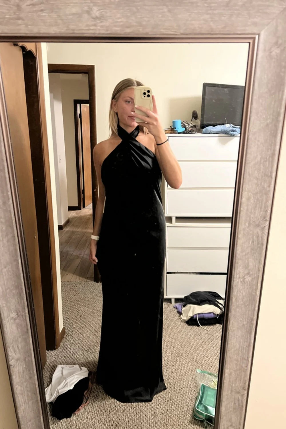 Satin Halter Prom Dress with Twist Front, Open Back & Floor-Length Silhouette