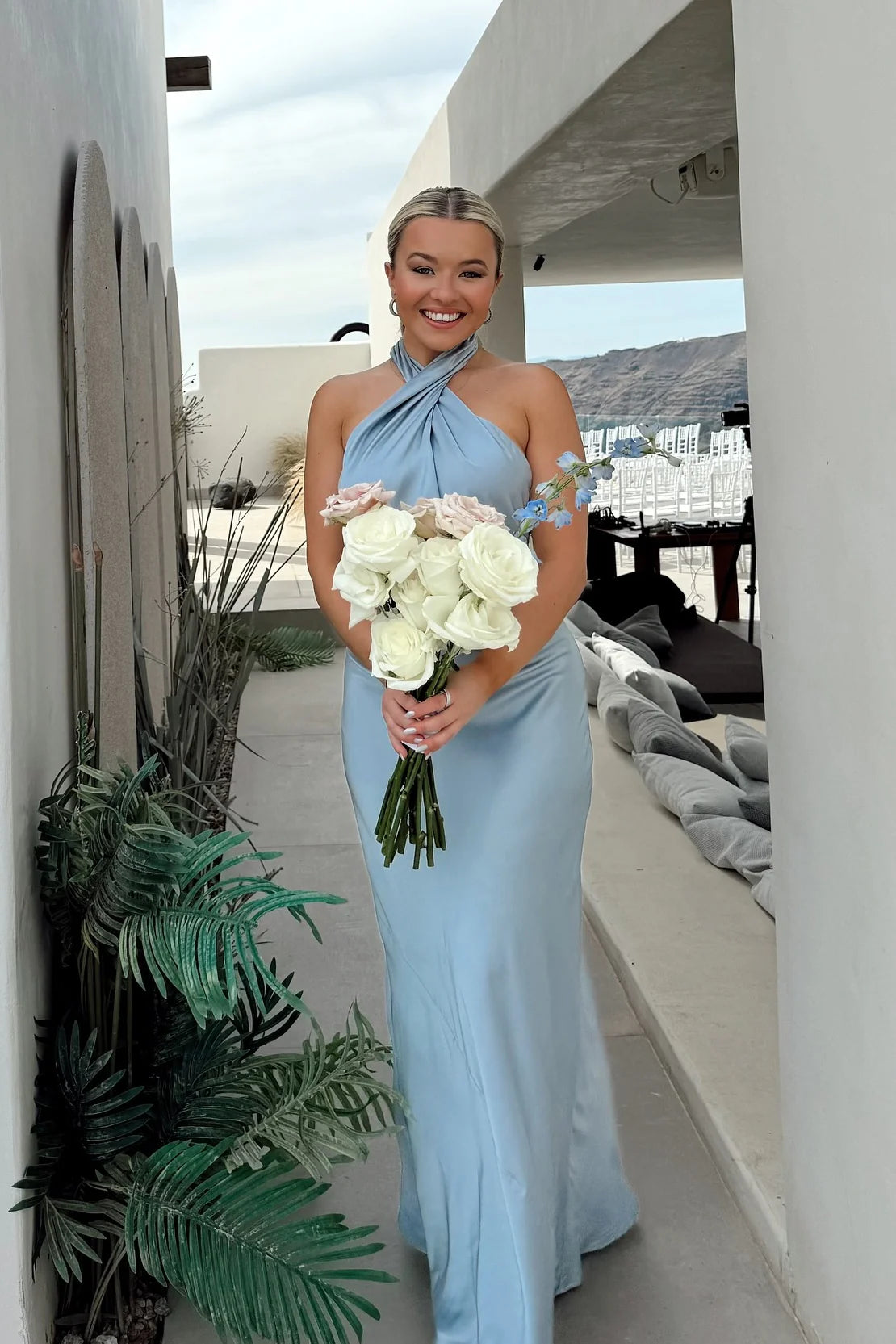Ivory Satin Sheath/column Floor-Length Halter Bridesmaid Dress
