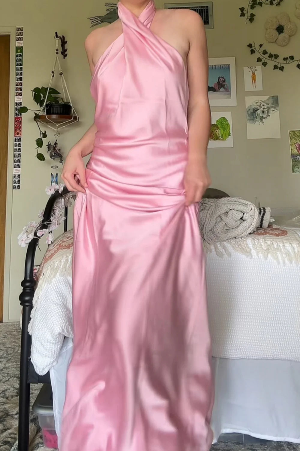 Ivory Satin Sheath/column Floor-Length Halter Bridesmaid Dress