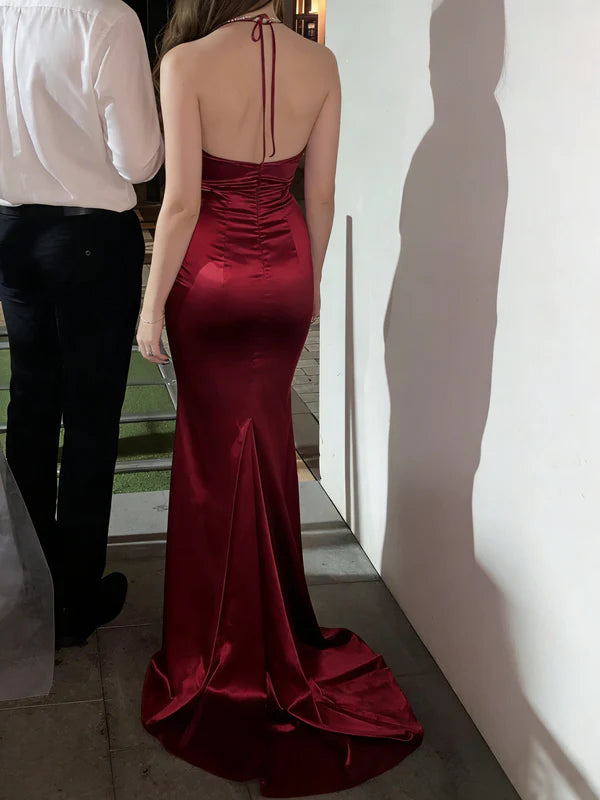 Satin Halter V-Neck Ruched Mermaid Floor-Length Evening Dresses
