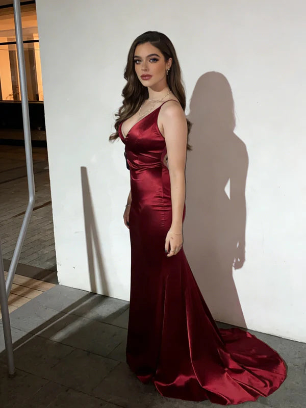 Satin Halter V-Neck Ruched Mermaid Floor-Length Evening Dresses