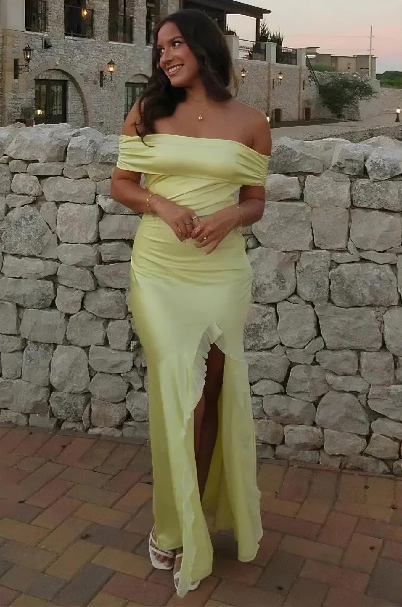 Satin Off-Shoulder Bow-Back Slit Mermaid Floor-Length Evening Dresses