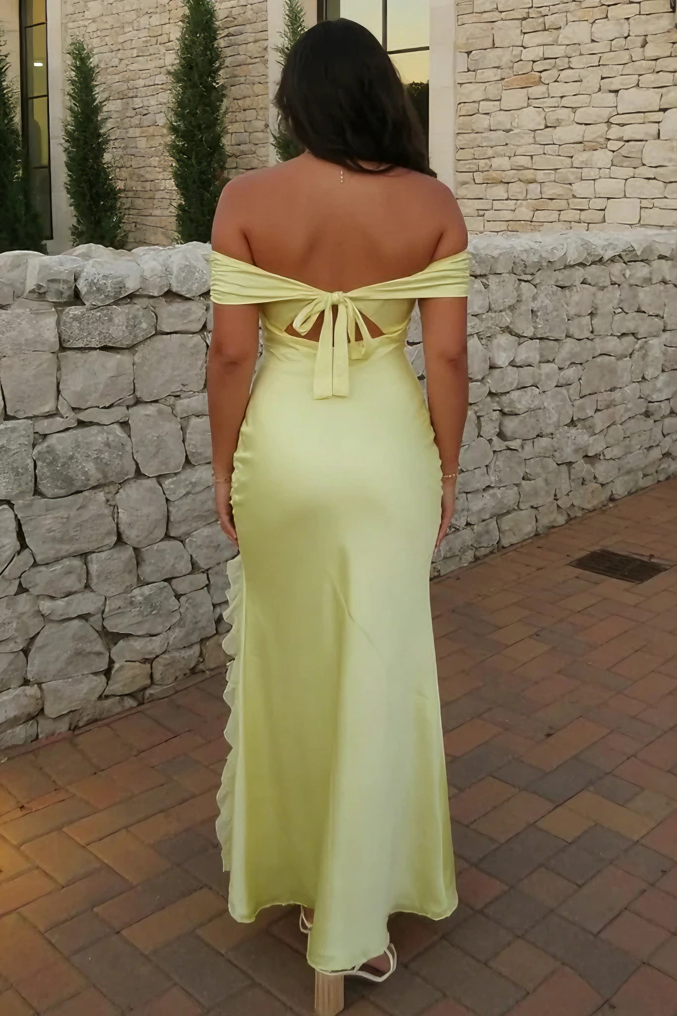Satin Off-Shoulder Bow-Back Slit Mermaid Floor-Length Evening Dresses