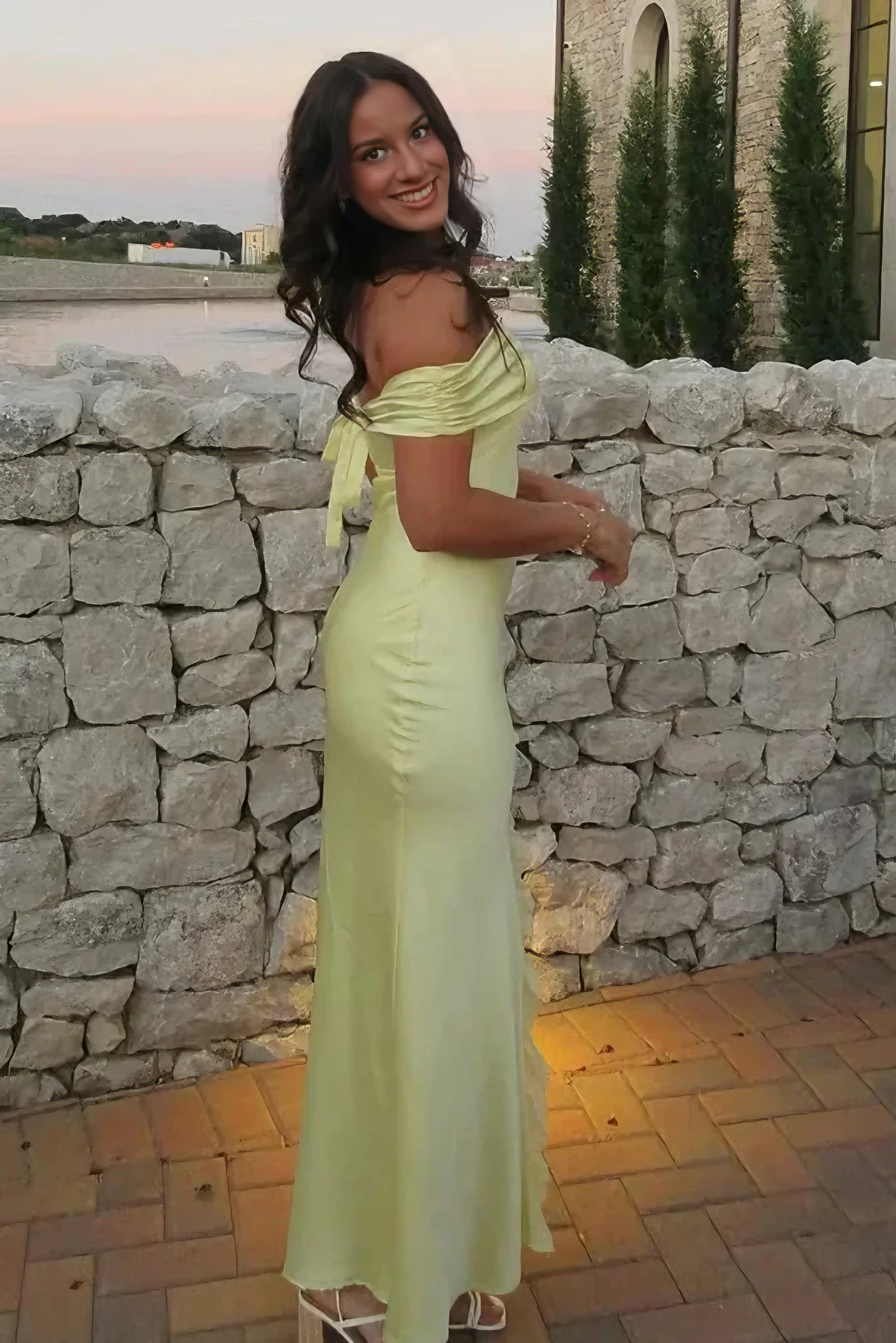 Satin Off-Shoulder Bow-Back Slit Mermaid Floor-Length Evening Dresses