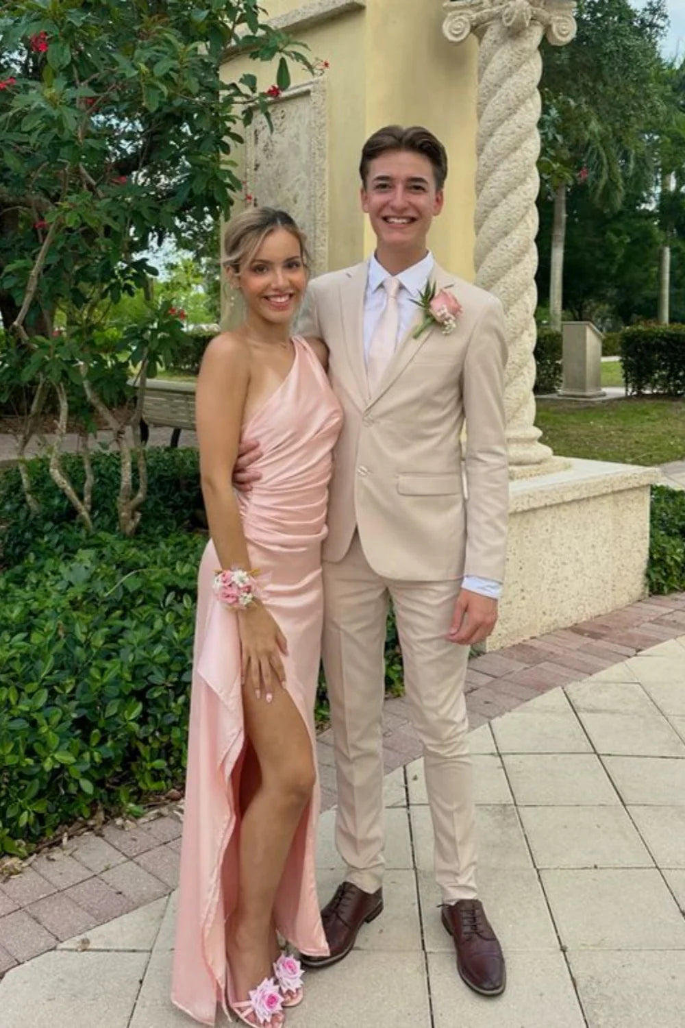 Blushing Pink Satin Sheath/column One Shoulder Floor-Length Dress with Ruched Bodice and High Slit