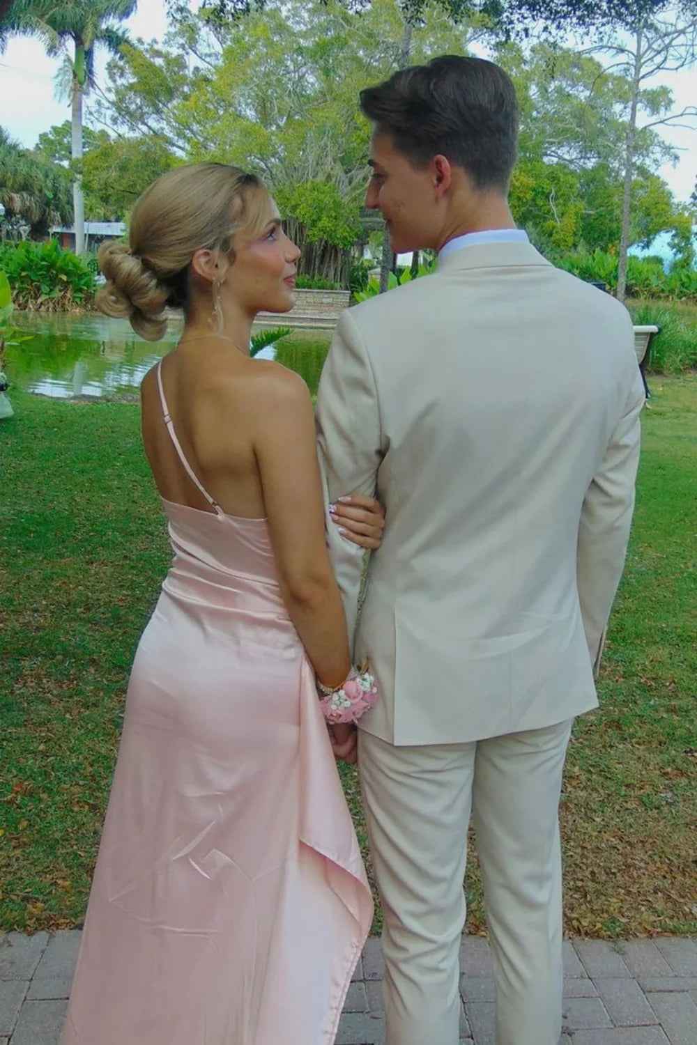 Blushing Pink Satin Sheath/column One Shoulder Floor-Length Dress with Ruched Bodice and High Slit