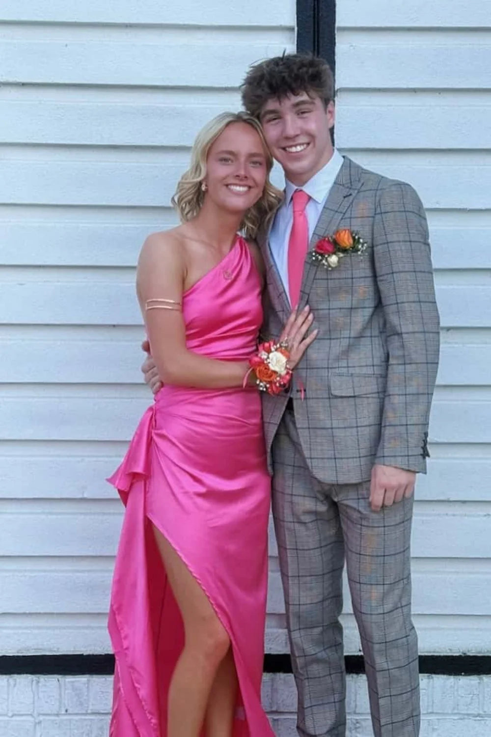 Blushing Pink Satin Sheath/column One Shoulder Floor-Length Dress with Ruched Bodice and High Slit