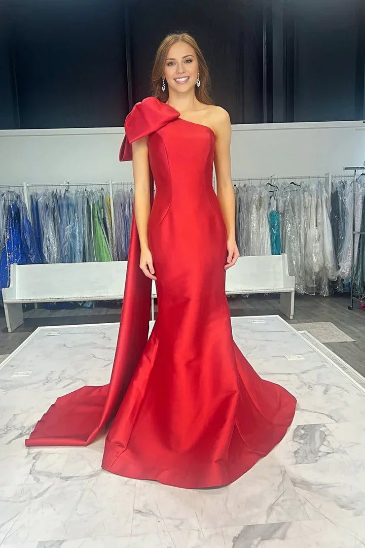 Satin One-Shoulder Oversized Bow Cape Train Mermaid Floor-Length Bold Red Evening Dress