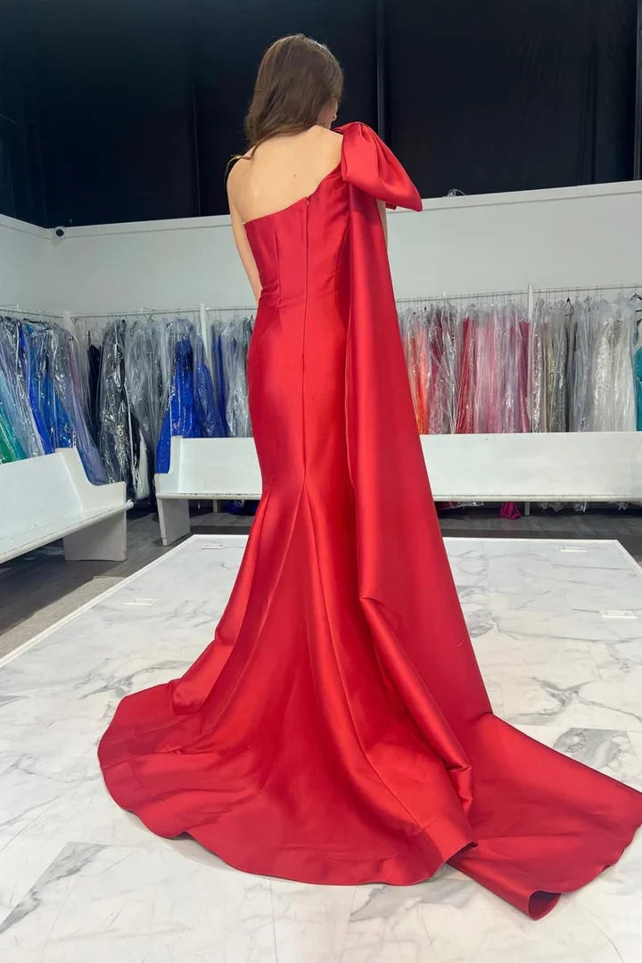 Satin One-Shoulder Oversized Bow Cape Train Mermaid Floor-Length Bold Red Evening Dress