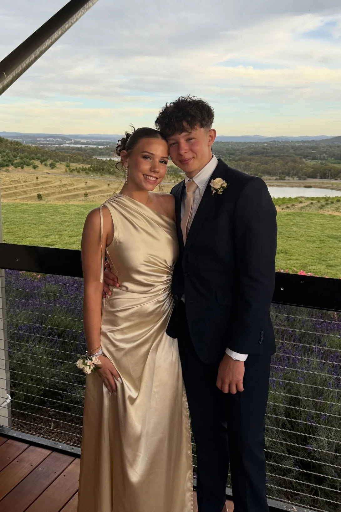 Champagne Satin One Shoulder A-Line Floor-Length Dress