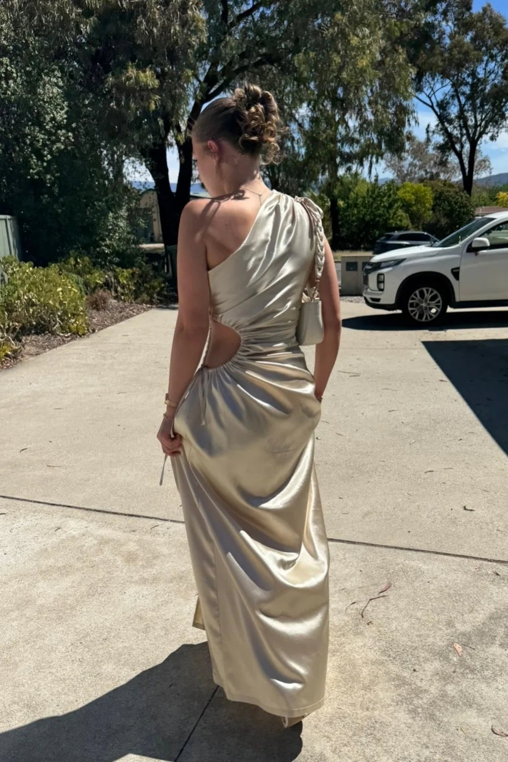 Satin One-Shoulder Prom Dresses with Ruched Waist, Back Cutout and Floor-Length Formal Gown