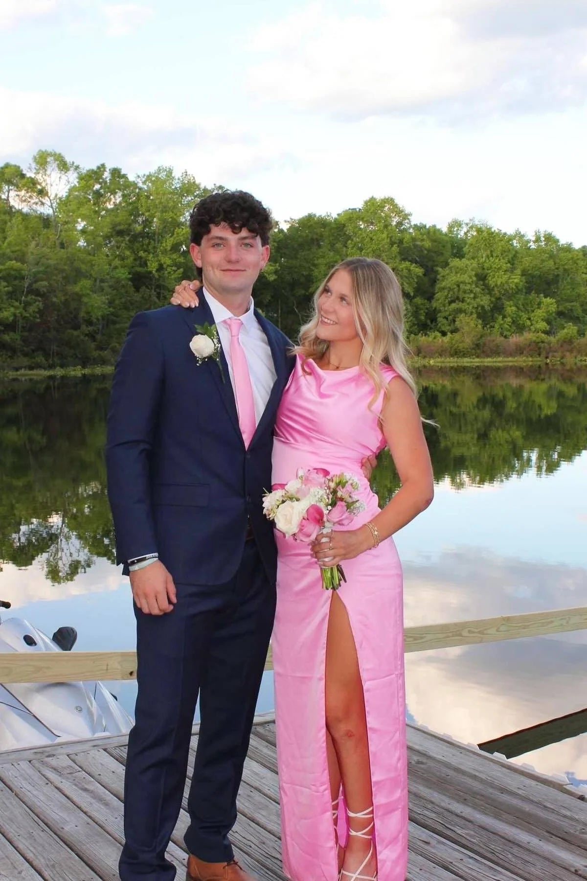 Pink Satin Sheath/column Floor-Length Dress with Cowl Neck & High Slit
