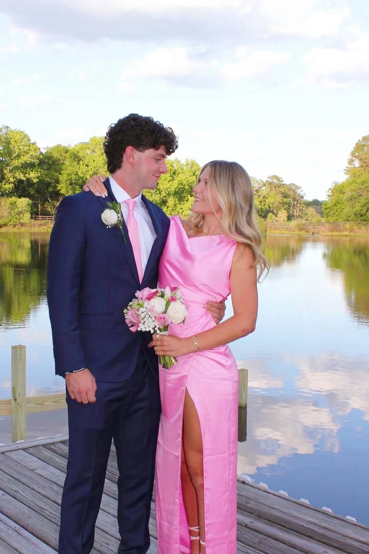 Pink Satin Sheath/column Floor-Length Dress with Cowl Neck & High Slit