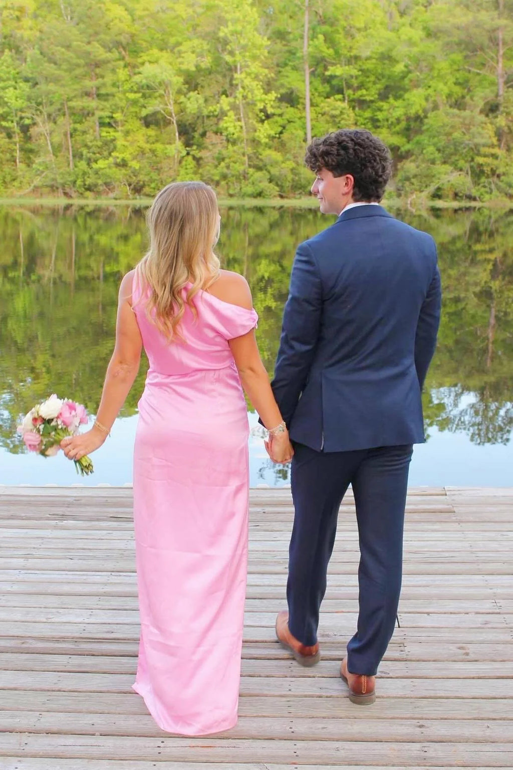 Pink Satin Sheath/column Floor-Length Dress with Cowl Neck & High Slit