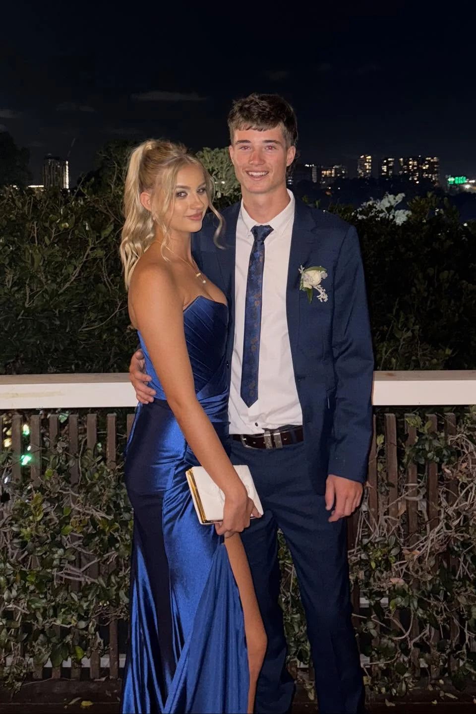 Royal Blue Satin Sheath/column Evening Dress with Straight Neck, Ruched Bodice & High Slit